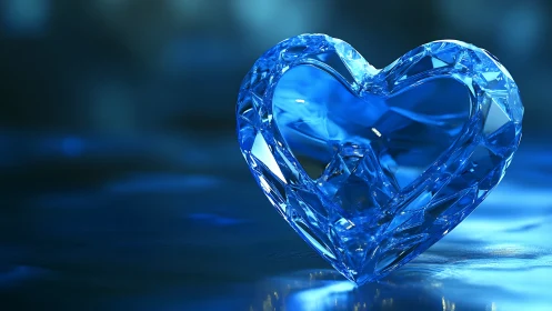 Blue crystal heart on illuminated surface.