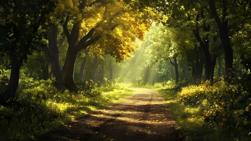 Sunlit woodland path with dappled foliage and warm haze.