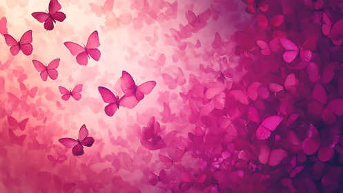 Pink butterfly swarm drifting through luminous gradient field.