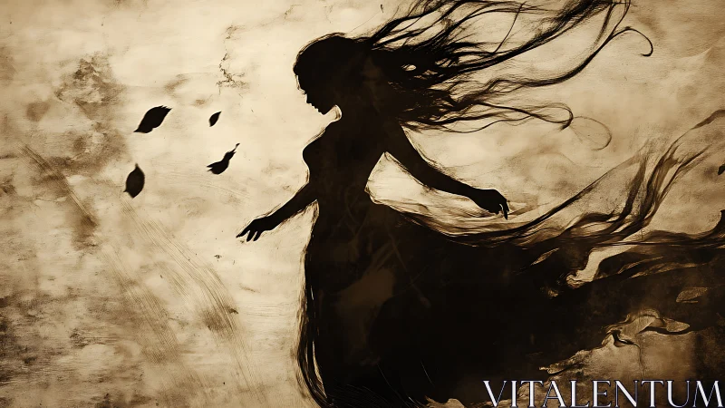 Silhouetted female figure in sepia wind-swept abstraction.