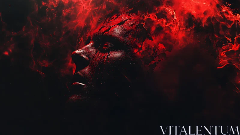 Side-lit human profile dissolving into red particulate flame field