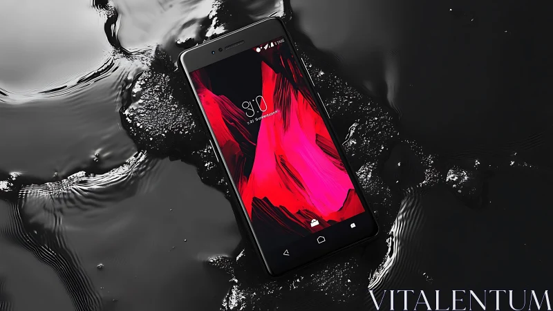 Black smartphone with red abstract display on liquid surface.
