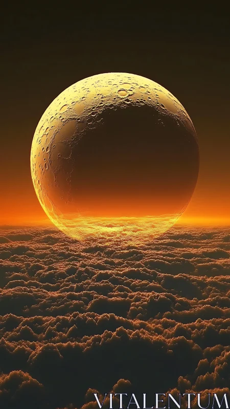 Golden cratered planet rising above dense cloud sea.