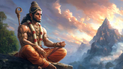 Hanuman meditates before distant mountain at sunrise