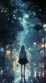 Quiet rainy night walk with a thoughtful girl under trees.