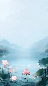 Serene lotus lake recedes into misty blue atmospheric depth