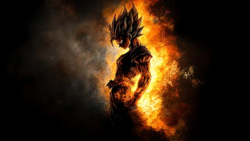 Fiery anime warrior framed by glowing flames in the dark.