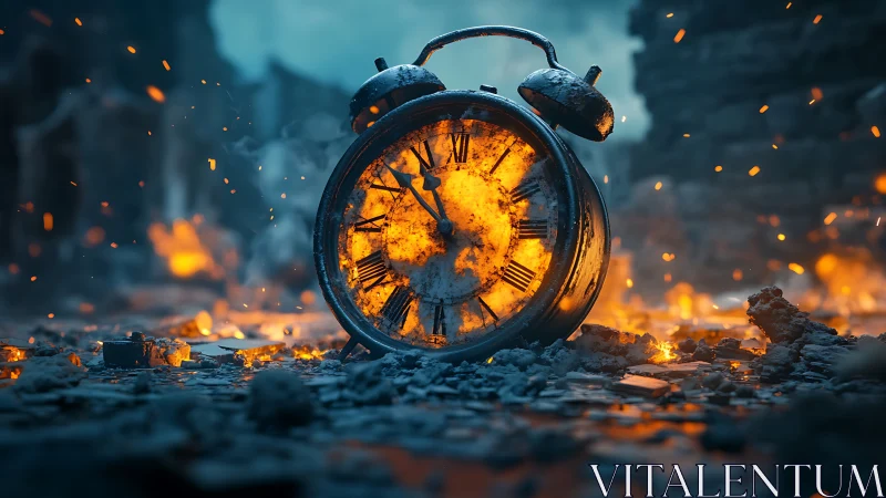 Burning clock lies in ruins as fiery embers illuminate time.