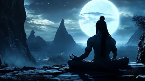 Meditating ascetic overlooks moonlit mountains and valley