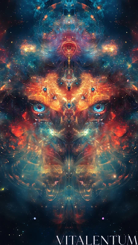 Cosmic feline nebula face in mirrored abstract galaxy.