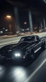 Black classic sports car on urban highway at night scene.