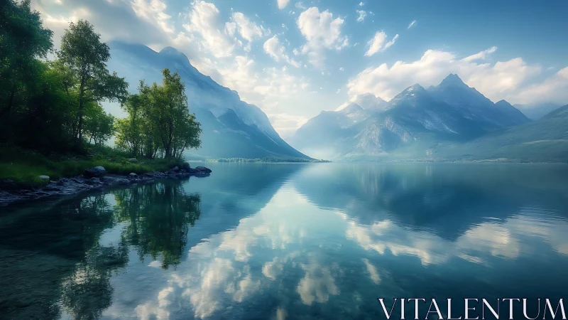 Mountain lake landscape with trees and cloud reflections.