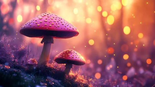 Bioluminescent fly agaric mushrooms in shallow depth forest glow