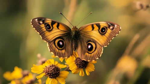 Golden butterfly rests gently on bright summer flowers