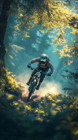 Mountain biker executing downhill descent through golden-lit forest canopy with dynamic motion blur 