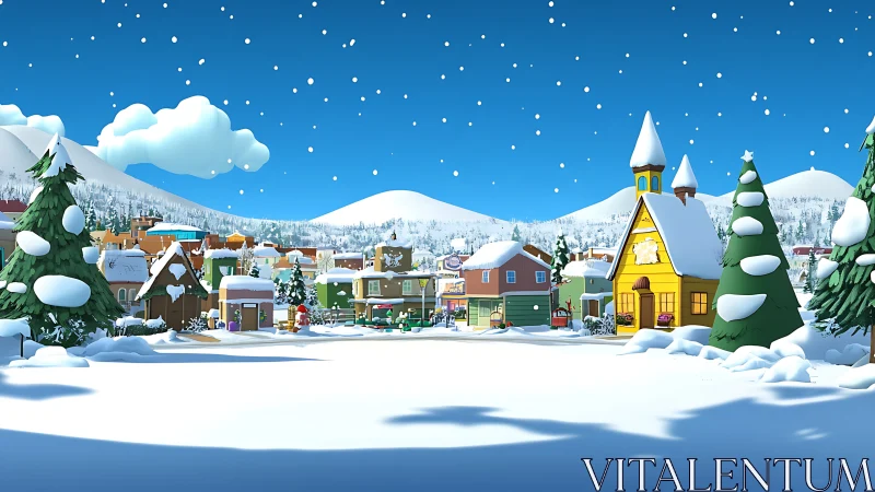 Snow-covered cartoon village rendered in bright orthographic style