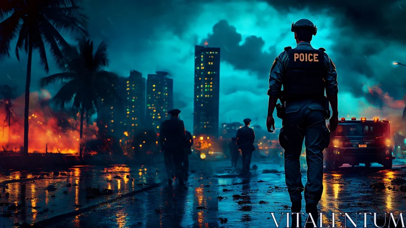 Riot control officers in neon lit rainy coastal megacity street