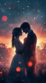 Silhouetted Couple Embracing in Golden Cosmic Lights.
