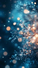 Branch with ice crystals is shown against defocused lights