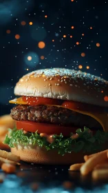 Burger comet hovers in bokeh starlight, guarding its fries