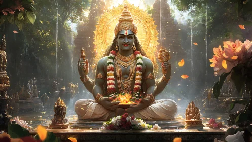 Central seated deity with radiant halo in dense forest shrine