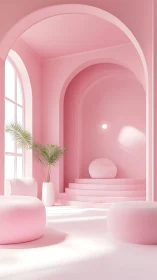 Minimal pink interior with arches, steps and soft seating.