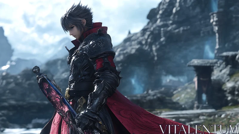 Brooding rune-knight pauses beneath storm-carved mountainscape.