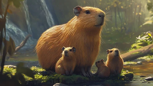 Capybara family watches forest clearing in soft light