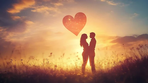 Couple silhouette embracing beneath luminous heart. Sunset field romance.