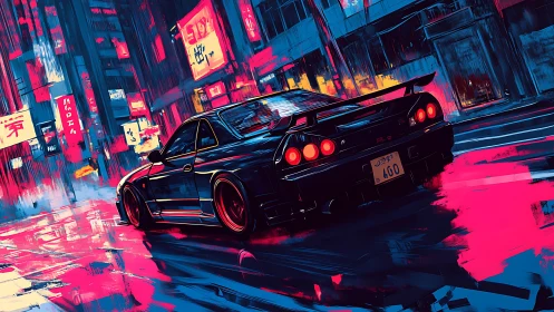 Neon street racer car in stylized cyberpunk city at night.