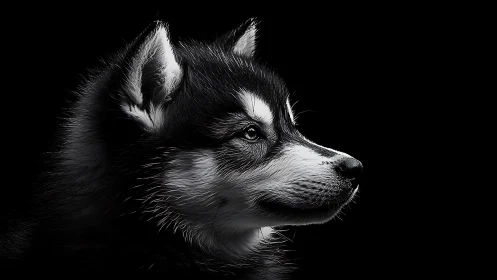 Black and white husky profile on dark background portrait.