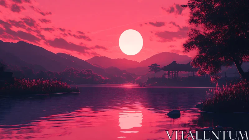 Radiant pink sunset bathes tranquil lakeside pagoda in calm