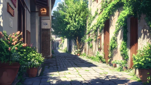 Sunlit cobblestone alley with dense climbing vegetation rendered.