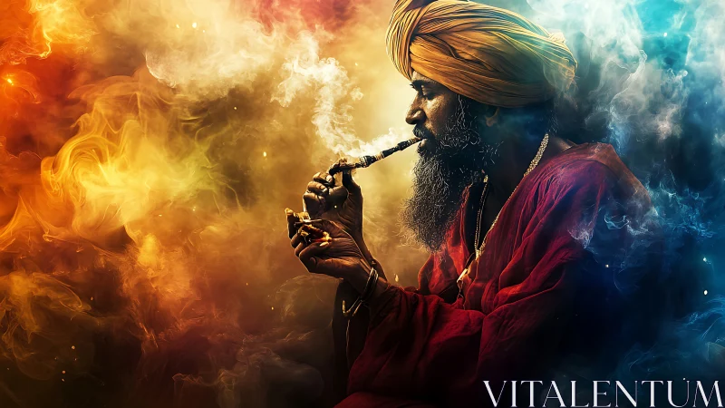 Mystic smoker framed by blazing orange and cyan smoke clouds