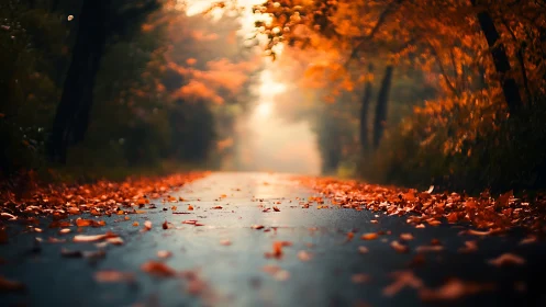 Autumn road perspective under glowing orange forest canopy.
