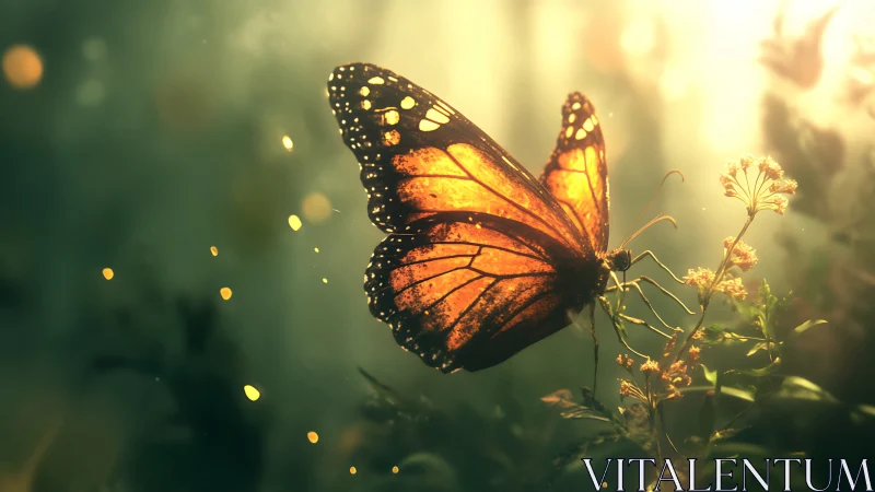 Backlit monarch butterfly glows against soft forest bokeh