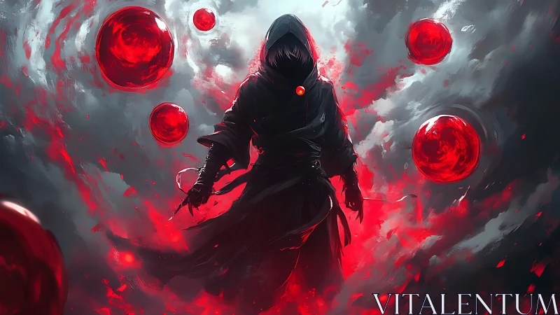 Hooded figure with red orbs in swirling abstract mist.