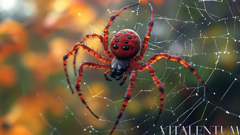 Crimson jewel spider poised on dew-laced autumn web. Period.