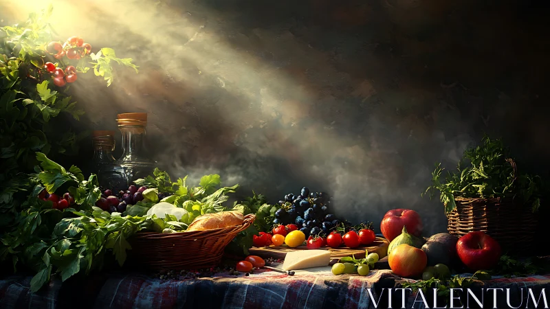 Sunlit harvest banquet with rustic fruit and herb drama.