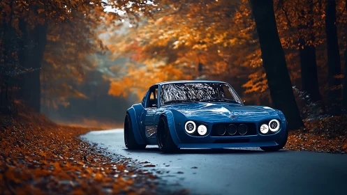 Blue sports car sits on forest road surrounded by autumn leaves
