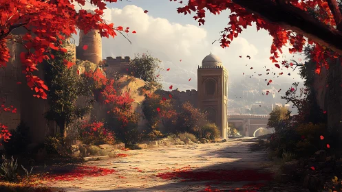 Sunlit ancient courtyard glows beneath crimson autumn leaves.