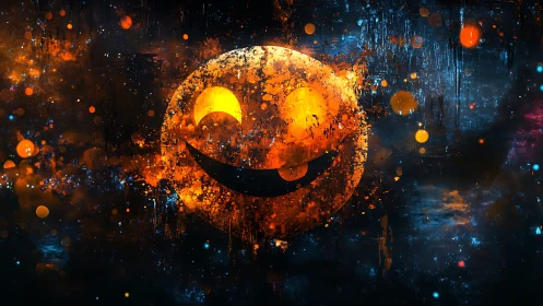 Glowing grunge smiley erupts with neon joy in a cosmic void