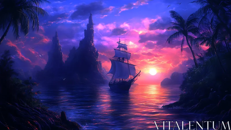 Sailing Ship at Sunset in Enchanted Lagoon Paradise.