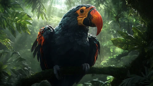 Vibrant toucan perched in lush jungle, digital art realism.