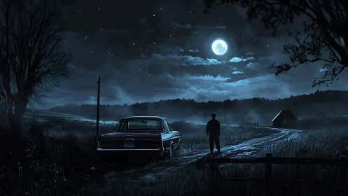 Man, parked car and moonlit rural landscape at night.