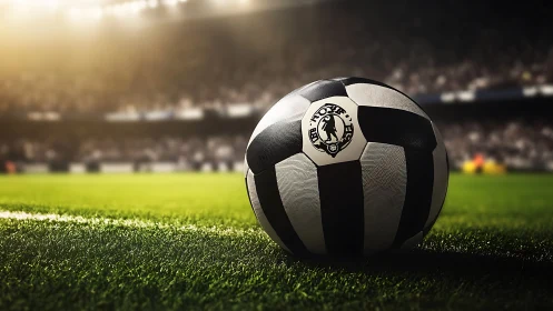 Soccer ball on bright green pitch under stadium lights.