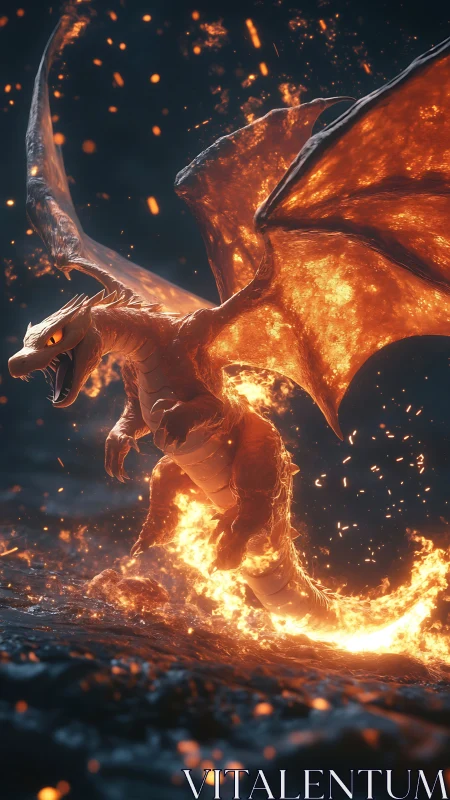 Volcanic fire dragon with molten wings in dynamic eruption