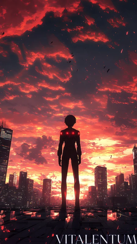 Silhouetted cybernetic figure surveys neon city at apocalyptic dusk