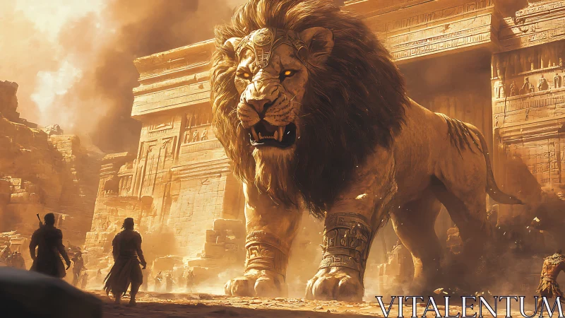 Colossal desert lion guarding forgotten sunlit ruins.