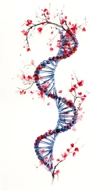 DNA helix intertwines with cherry blossom branches vertically